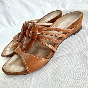 Clarks Artisan Size 5 Womens Light Brown Leather Strappy Wedge Sandals 73864